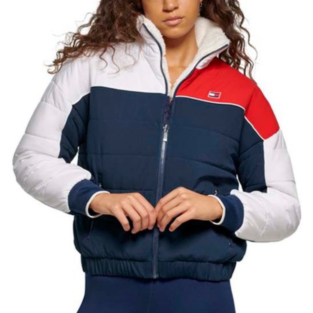 NWT Tommy Hilfiger Navy & Red Color Block Sherpa Reversible puffer Jacket Large